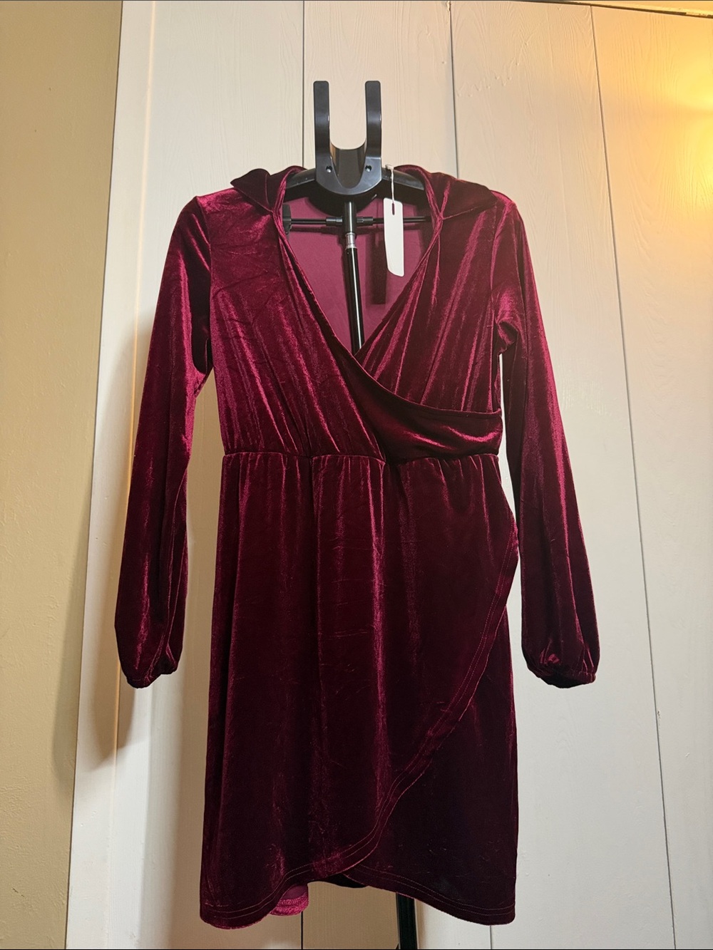 Velvet Wrap Long-Sleeve Dress - Burgundy